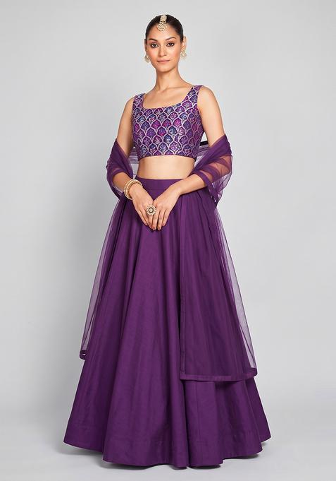 Dark Purple Zari Satin Lehenga Set