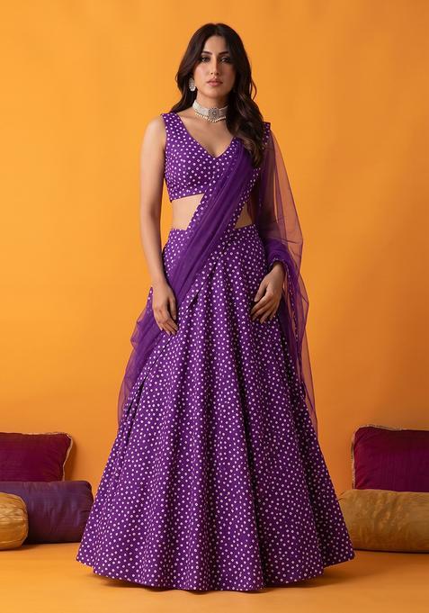 Deep Purple Printed Crepe Lehenga Set