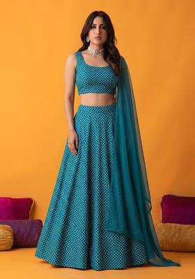 Blue Printed Crepe Lehenga Set