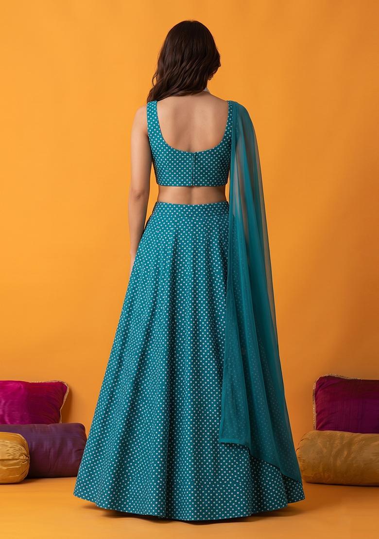 Blue Printed Crepe Lehenga Set - Indya