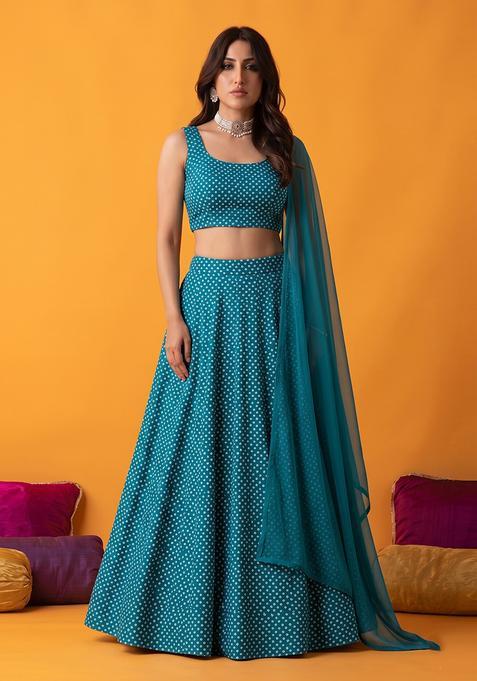 Blue Printed Crepe Lehenga Set