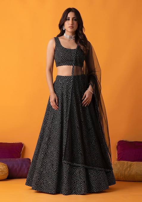 Black Printed Crepe Lehenga Set