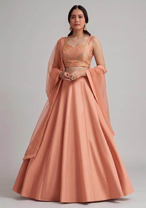 Peach Pink Printed Lehenga Set