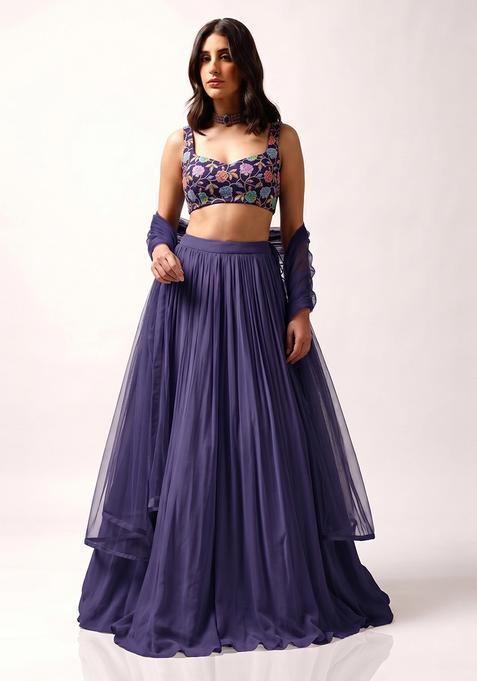Deep Purple Printed Crepe Lehenga Set
