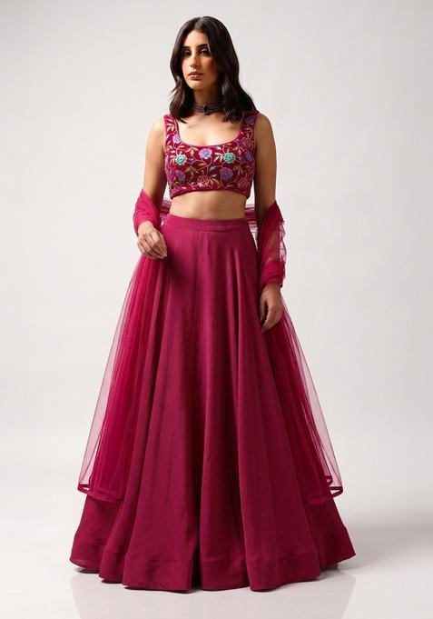 Magenta Printed Crepe Lehenga Set