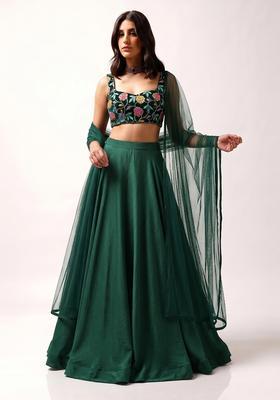 Bottle Green Printed Crepe Lehenga Set