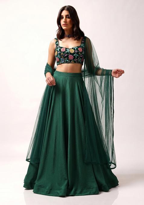 Bottle Green Printed Crepe Lehenga Set