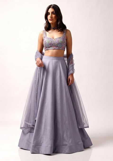 Lavender Printed Crepe Lehenga Set