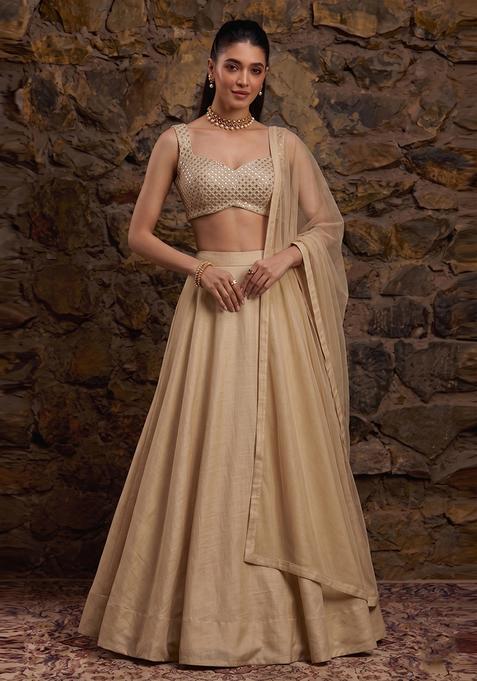 Beige Mirror Work Lehenga Set