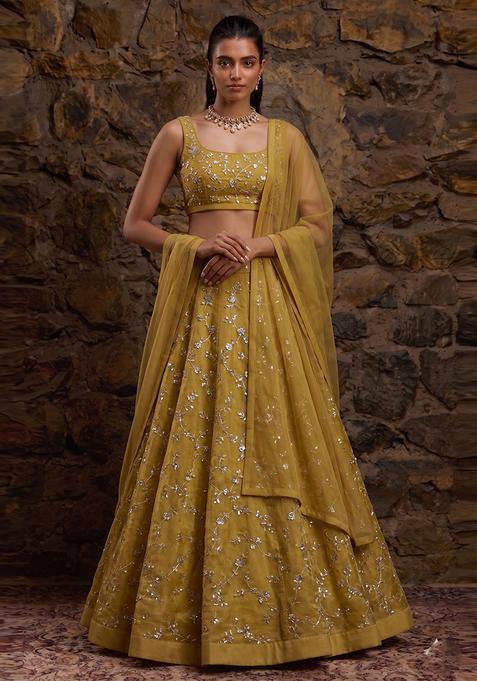 Mustard Embroidered Organza Lehenga Set