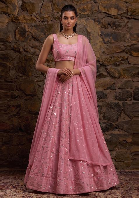 Pink Embroidered Organza Lehenga Set