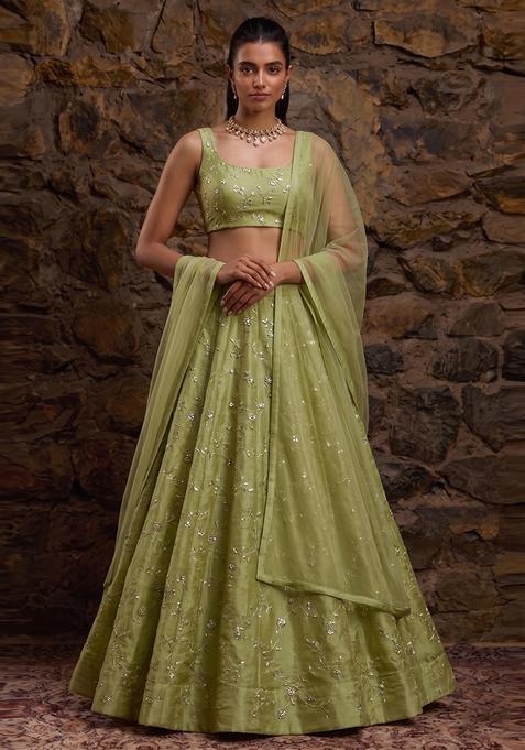 Olive Green Embroidered Organza Lehenga Set