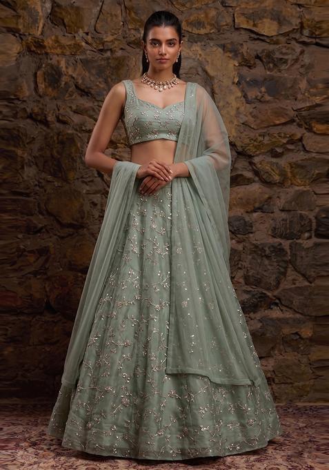 Sage Green Embroidered Organza Lehenga Set