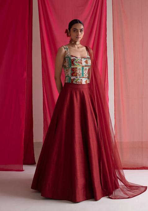 Maroon Printed Crepe Lehenga Set