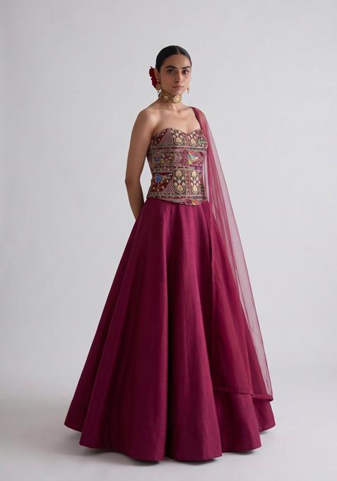 Rani Pink Printed Crepe Lehenga Set