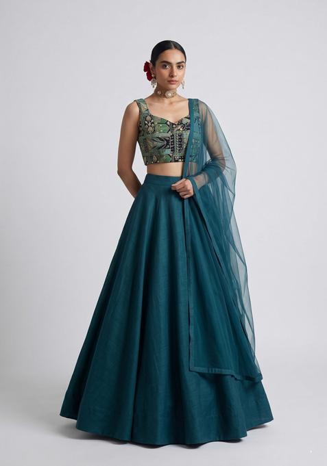 Teal Printed Crepe Lehenga Set