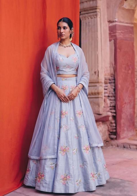 Lilac Embroidered Chanderi Lehenga Set