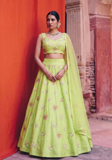 Lime Green Embroidered Chanderi Lehenga Set