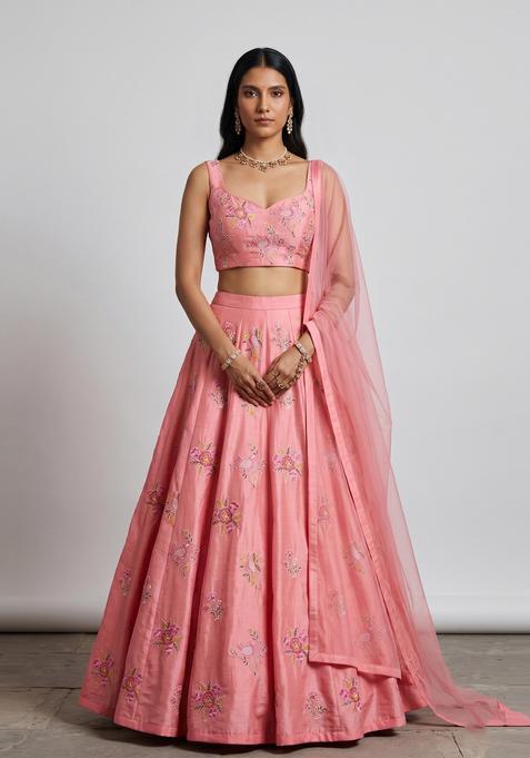 Pink Embroidered Chanderi Lehenga Set