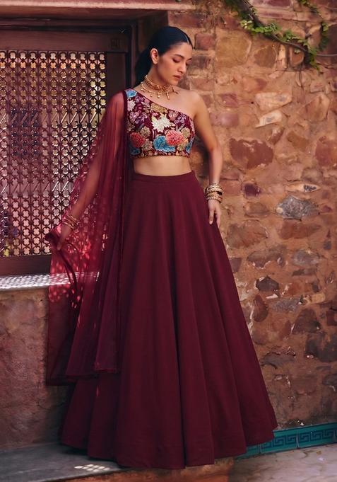 Maroon Printed Crepe Lehenga Set
