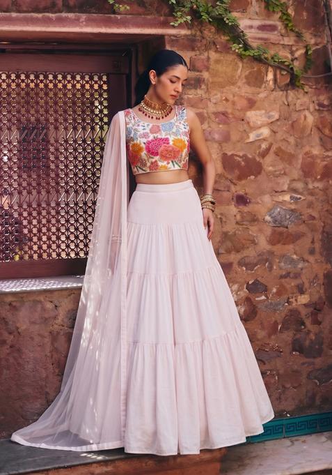 White Printed Crepe Lehenga Set