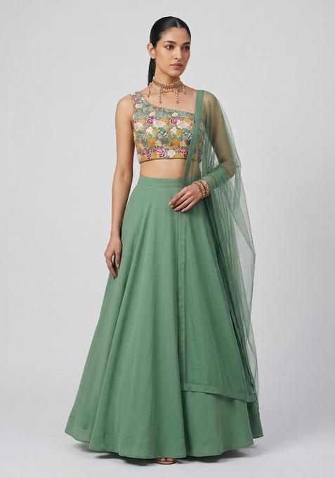 Sage Green Printed Crepe Lehenga Set