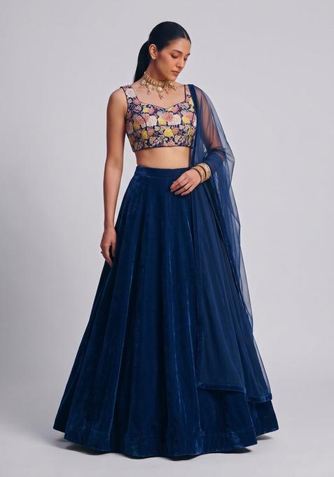 Navy Blue Printed Crepe Lehenga Set