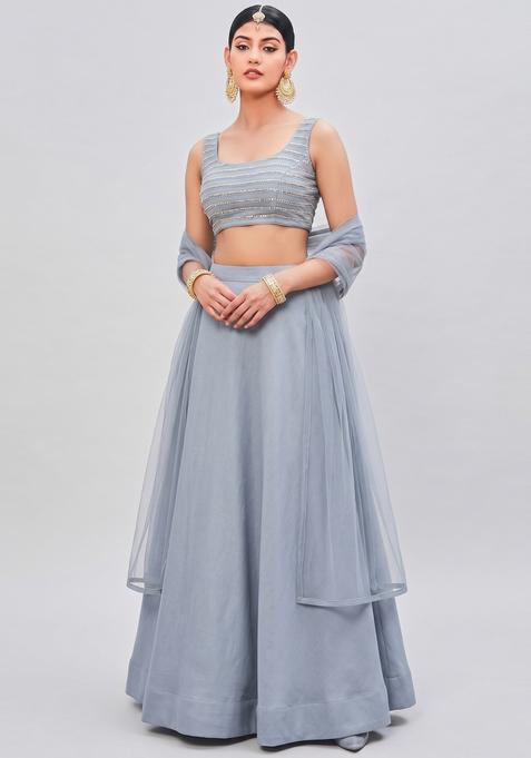 Steel Grey Sequin Silk Lehenga Set