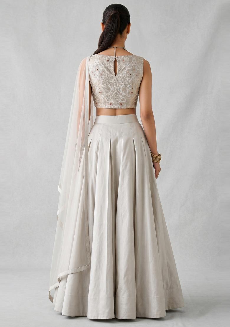 Off White Brocade Lehenga Set - Indya