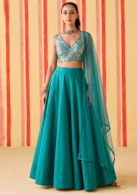Teal Brocade Lehenga Set