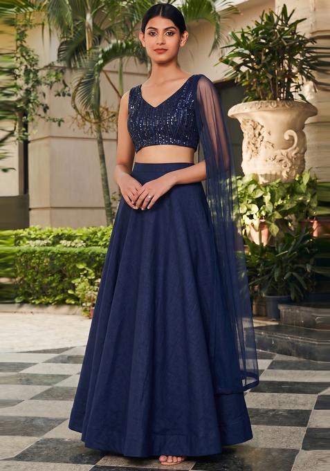Navy Blue Embroidered Net Lehenga Set