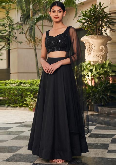 Black Embroidered Net Lehenga Set