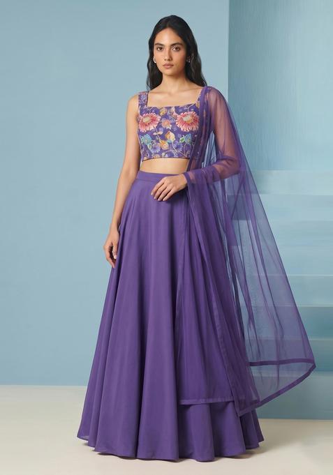 Purple Printed Organza Lehenga Set