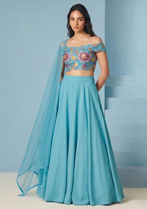 Turquoise Printed Organza Lehenga Set