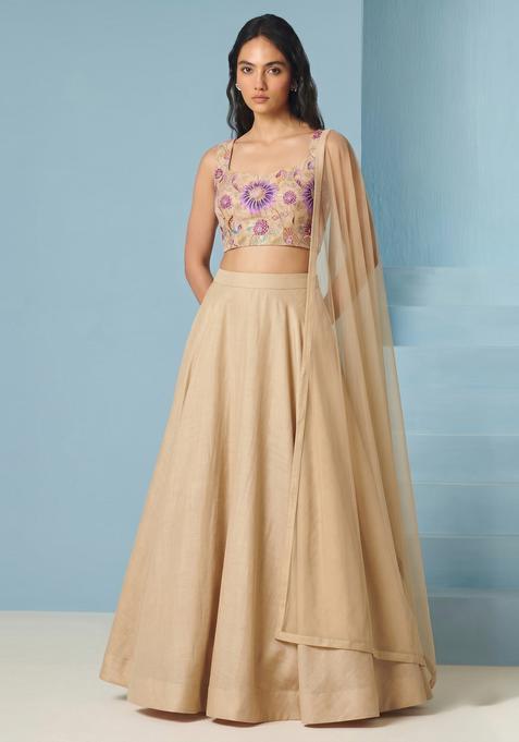 Beige Printed Organza Lehenga Set