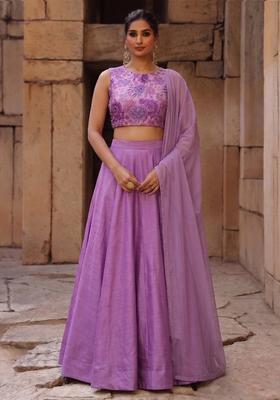 Lavender Printed Silk Blend Lehenga Set