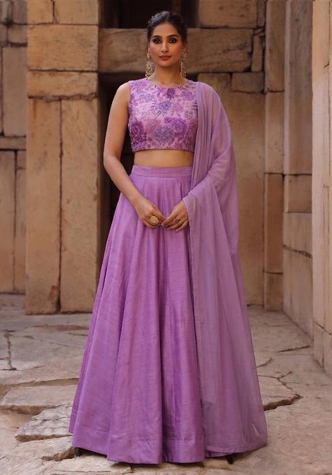 Lavender Printed Silk Lehenga Set