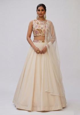 Off White Printed Silk Blend Lehenga Set