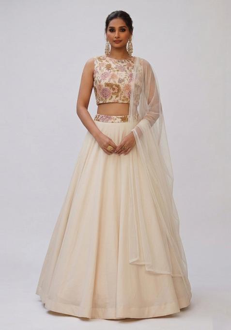 Off White Printed Silk Lehenga Set