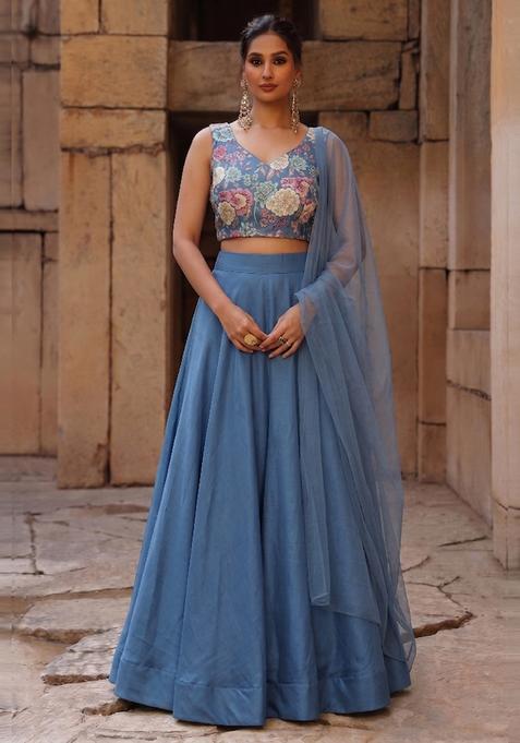 Dusty Blue Printed Silk Lehenga Set