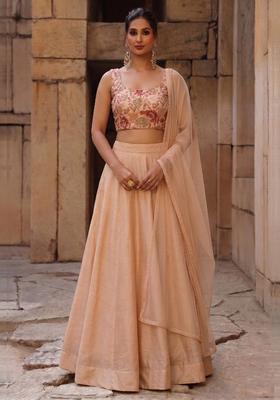 Peach Printed Silk Blend Lehenga Set