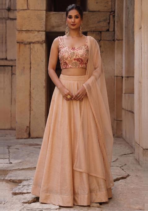 Peach Printed Silk Lehenga Set