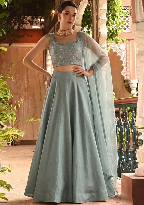 Grey Embroidered Chanderi Lehenga Set