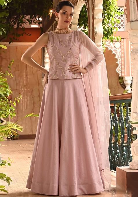 Dusty Pink Embroidered Chanderi Lehenga Set
