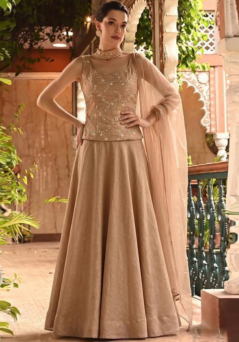 Beige Embroidered Chanderi Lehenga Set