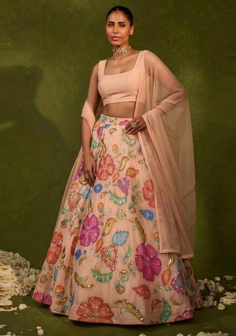 Peach Printed Lehenga Set