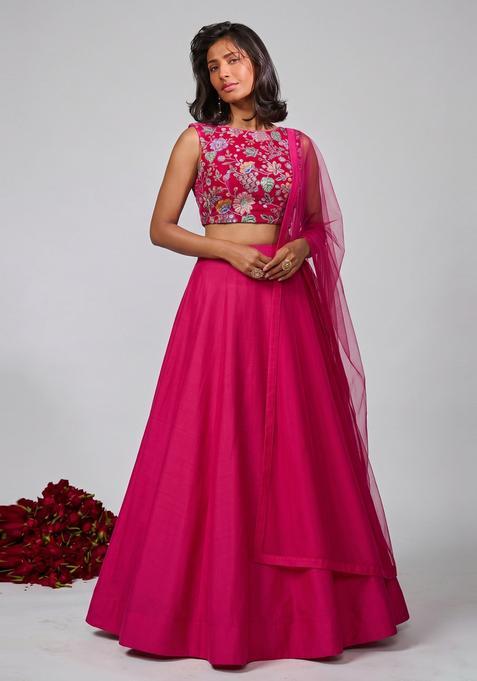 Fuchsia Pink Printed Crepe Lehenga Set