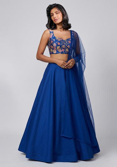 Royal Blue Printed Crepe Lehenga Set