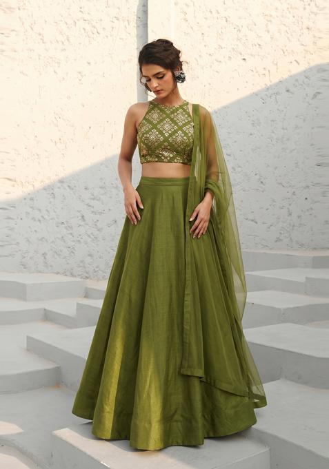 Olive Green Embroidered Crepe Lehenga Set