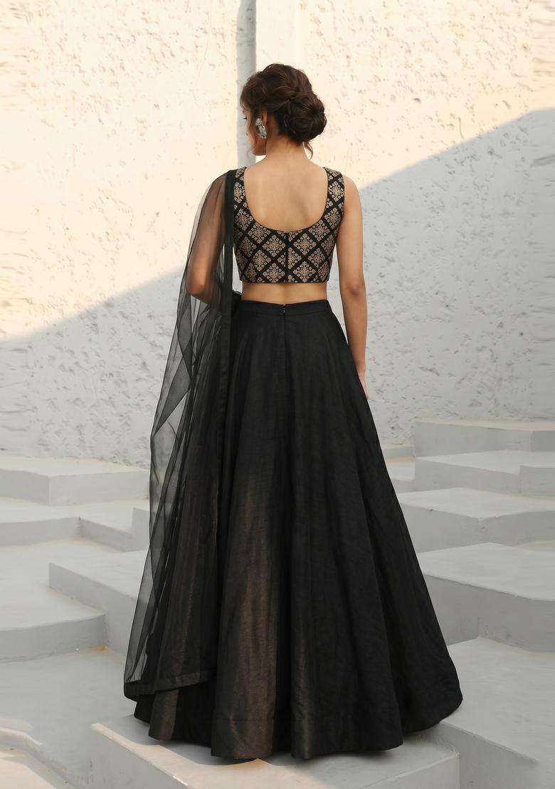 Black Embroidered Crepe Lehenga Set - Indya